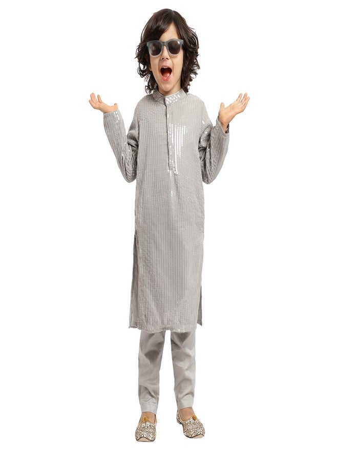 Piccolo Silk Blend Sequined Kurta Pajama Set, Ethnic Wear, Full Sleeves Kurta and Pyjama, Traditional Dress for Boys Kids (Grey) - Image 1