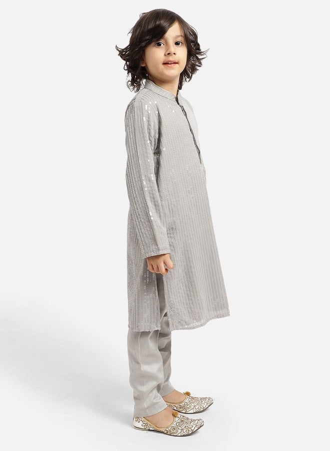 Piccolo Silk Blend Sequined Kurta Pajama Set, Ethnic Wear, Full Sleeves Kurta and Pyjama, Traditional Dress for Boys Kids (Grey) - Image 2