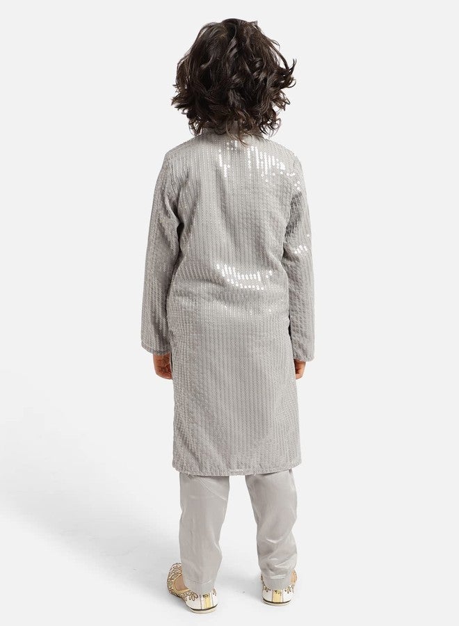 Piccolo Silk Blend Sequined Kurta Pajama Set, Ethnic Wear, Full Sleeves Kurta and Pyjama, Traditional Dress for Boys Kids (Grey) - Image 3
