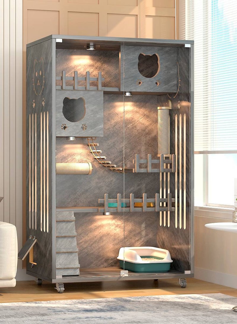 Sunshinee Sunshine Luxury Marble Wood Cat Villa with Front Glass Door, Small Side Door, Bottom Wheels for Easy Movement and 2 Indoor Scratchers 90*60*155 cm - Image 1