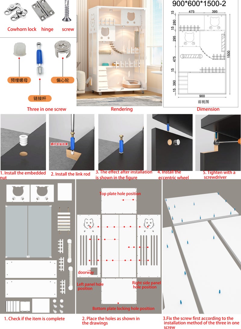 Sunshinee Sunshine Luxury Marble Wood Cat Villa with Front Glass Door, Small Side Door, Bottom Wheels for Easy Movement and 2 Indoor Scratchers 90*60*155 cm - Image 3