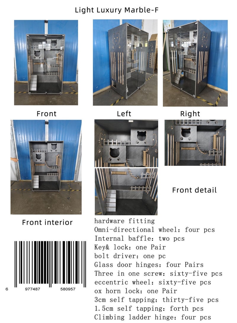 Sunshinee Sunshine Luxury Marble Wood Cat Villa with Front Glass Door, Small Side Door, Bottom Wheels for Easy Movement and 2 Indoor Scratchers 90*60*155 cm - Image 2