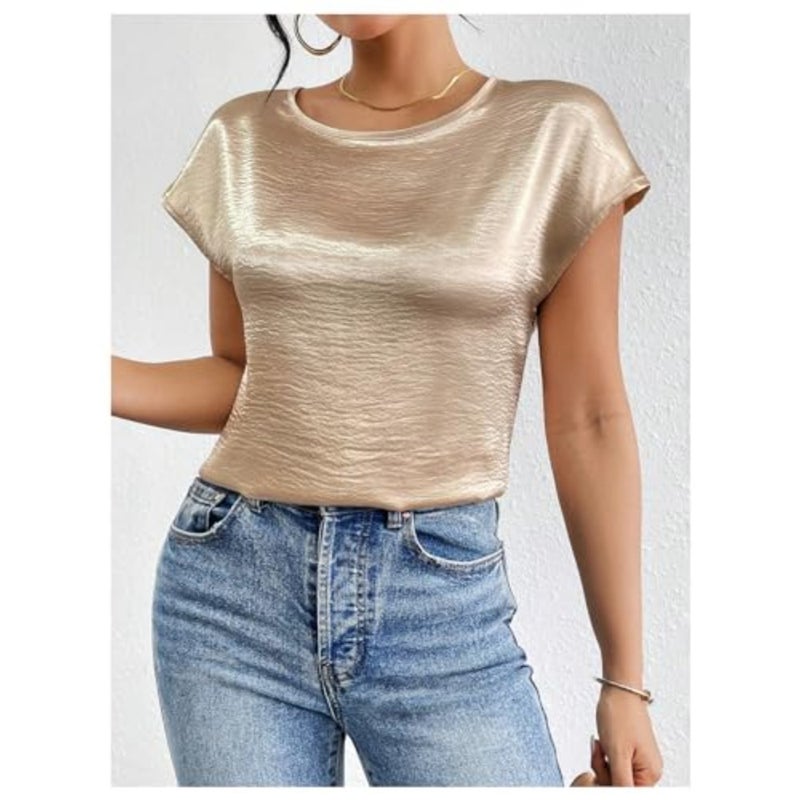 SweatyRocks Women's Crew Neck Satin Blouse Cap Short Sleeve Party Blouse Shirts Tops - Image 4