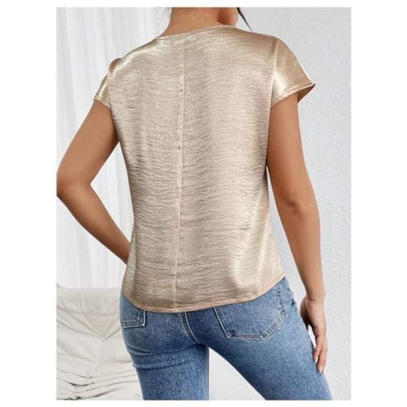 SweatyRocks Women's Crew Neck Satin Blouse Cap Short Sleeve Party Blouse Shirts Tops - Image 2