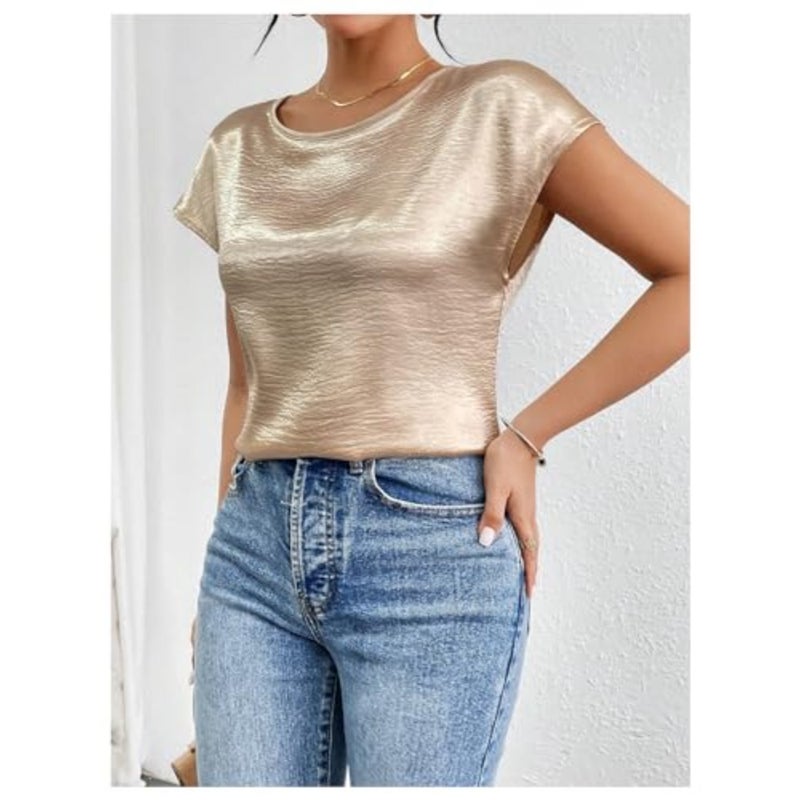 SweatyRocks Women's Crew Neck Satin Blouse Cap Short Sleeve Party Blouse Shirts Tops - Image 3