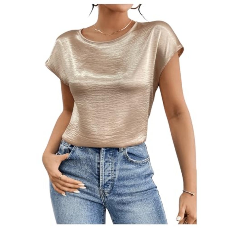 SweatyRocks Women's Crew Neck Satin Blouse Cap Short Sleeve Party Blouse Shirts Tops - Image 1