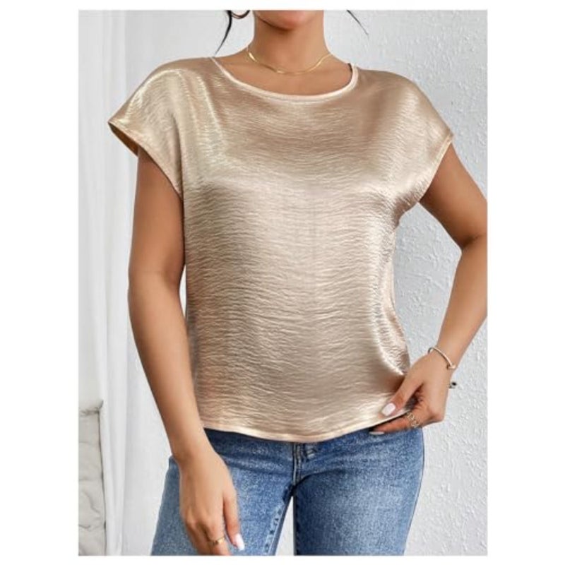 SweatyRocks Women's Crew Neck Satin Blouse Cap Short Sleeve Party Blouse Shirts Tops - Image 5