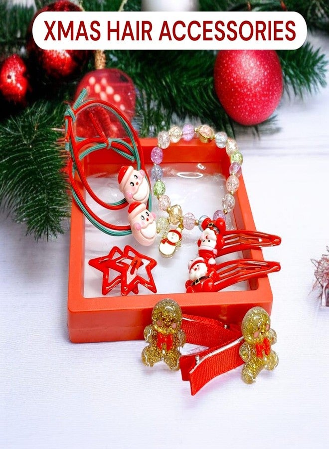 AMYCAUR Christmas Hair Accessories Set for Girls - 2 Santa Hair Clips, Star Hairpins, Gift Charm Rubber Bands & Cute Bead Bracelet, Santa Gift Set Christmas gift Set fro Kids, Xmas Kids Hair Styling Kit (1 Set) - Image 4