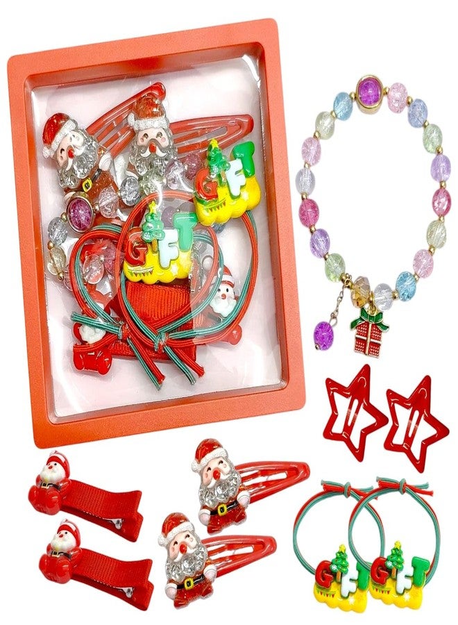 AMYCAUR Christmas Hair Accessories Set for Girls - 2 Santa Hair Clips, Star Hairpins, Gift Charm Rubber Bands & Cute Bead Bracelet, Santa Gift Set Christmas gift Set fro Kids, Xmas Kids Hair Styling Kit (1 Set) - Image 1