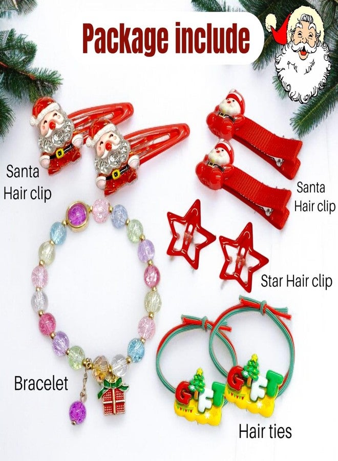 AMYCAUR Christmas Hair Accessories Set for Girls - 2 Santa Hair Clips, Star Hairpins, Gift Charm Rubber Bands & Cute Bead Bracelet, Santa Gift Set Christmas gift Set fro Kids, Xmas Kids Hair Styling Kit (1 Set) - Image 5