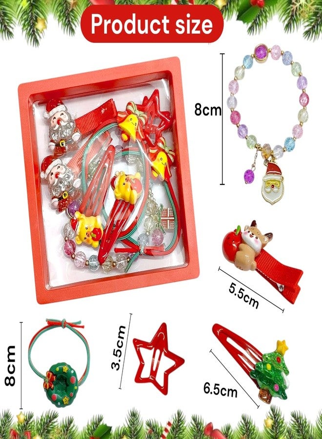 AMYCAUR Christmas Hair Accessories Set for Girls - 2 Santa Hair Clips, Star Hairpins, Gift Charm Rubber Bands & Cute Bead Bracelet, Santa Gift Set Christmas gift Set fro Kids, Xmas Kids Hair Styling Kit (1 Set) - Image 2