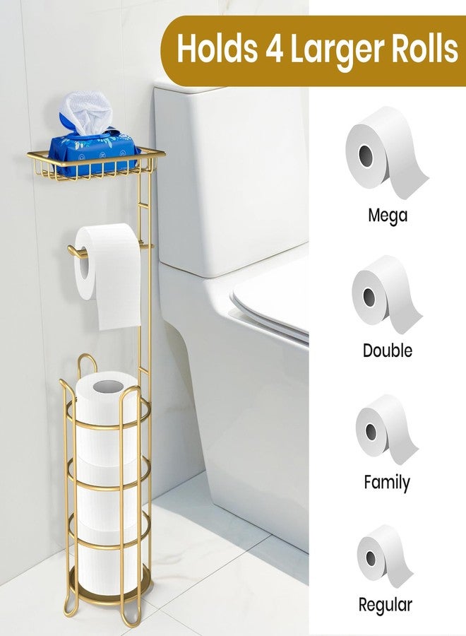 TreeLen Gold Toilet Paper Holder Stand with Shelf, Freestanding Tissue Roll Holder, Holds 4 Mega Rolls and Extra Storage for Phone, Wipes - Image 3