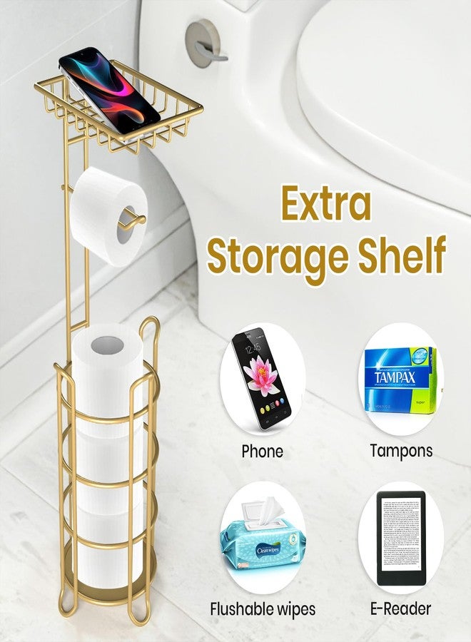 TreeLen Gold Toilet Paper Holder Stand with Shelf, Freestanding Tissue Roll Holder, Holds 4 Mega Rolls and Extra Storage for Phone, Wipes - Image 2