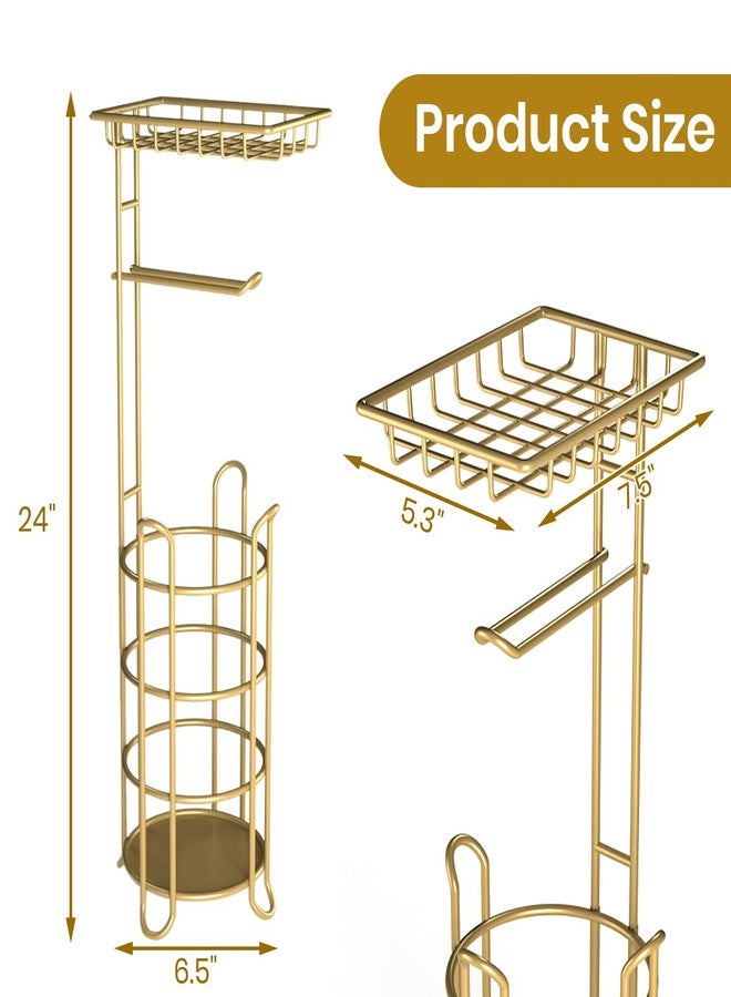TreeLen Gold Toilet Paper Holder Stand with Shelf, Freestanding Tissue Roll Holder, Holds 4 Mega Rolls and Extra Storage for Phone, Wipes - Image 5