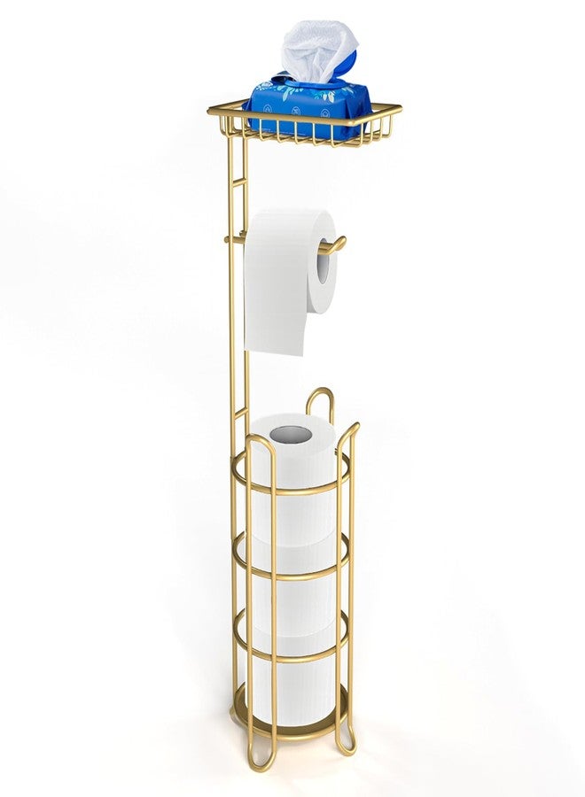 TreeLen Gold Toilet Paper Holder Stand with Shelf, Freestanding Tissue Roll Holder, Holds 4 Mega Rolls and Extra Storage for Phone, Wipes - Image 1