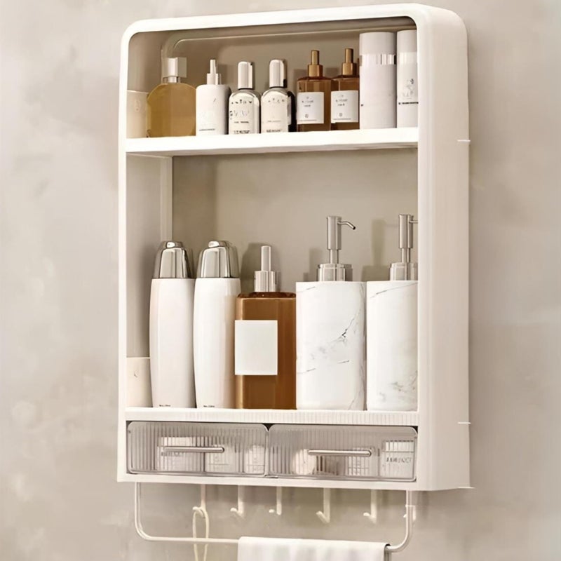 HoopVool Shower Caddy Shelf Organizer Rack,Self Adhesive,Multifunctional Shelf Over Wall Mounted Bathroom Toilet Shelving for Bedroom and Kitchen Decoration (3-Layer with Drawers,Hooks & Handle) - Image 2