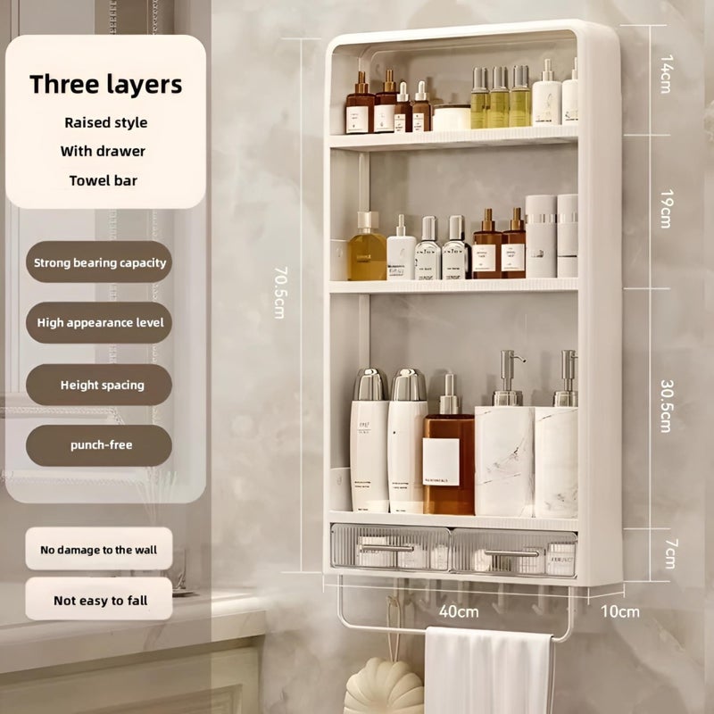 HoopVool Shower Caddy Shelf Organizer Rack,Self Adhesive,Multifunctional Shelf Over Wall Mounted Bathroom Toilet Shelving for Bedroom and Kitchen Decoration (3-Layer with Drawers,Hooks & Handle) - Image 3