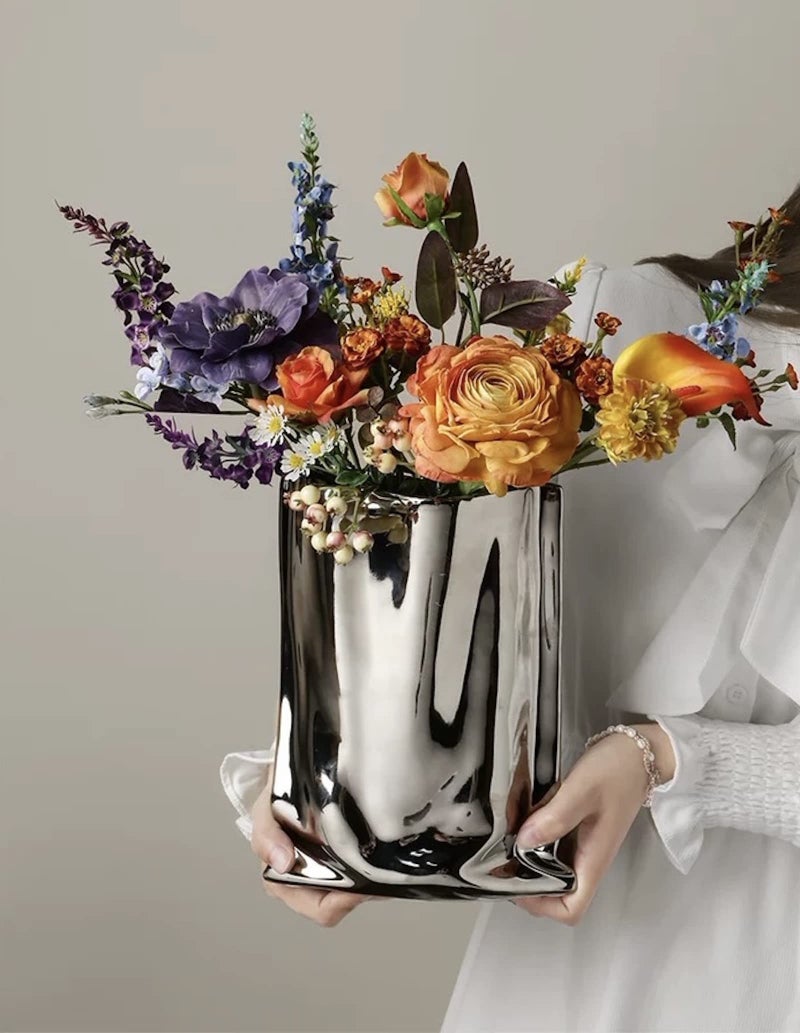 BLOFLO STU BLOFLO Silver Ceramic Modern Vase Crinkle Fold Paper Bag Handmade Ceramic Vase, Creative Flower Arrangement Ornaments, Decorative Vases for Home Decor, Mantel, Living Room Decoration (Silver) - Image 5
