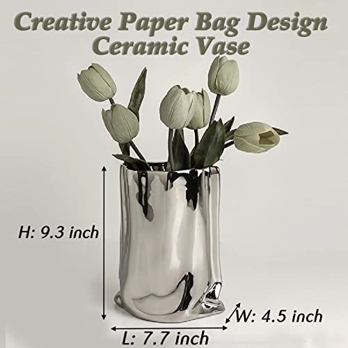BLOFLO STU BLOFLO Silver Ceramic Modern Vase Crinkle Fold Paper Bag Handmade Ceramic Vase, Creative Flower Arrangement Ornaments, Decorative Vases for Home Decor, Mantel, Living Room Decoration (Silver) - Image 2