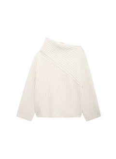 Generic ZA Cross-Border Womens Knitted Pullover Sweater New Style Wool Blend Asymmetric Slant Collar Top For Autumn Winter 2023 White 