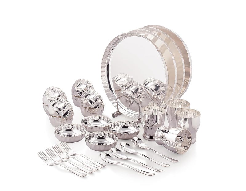 Silver Glow طقم عشاء عائلي من الفولاذ بلمسة فضية طقم صينية فضية لـ 4 أشخاص طقم أدوات مائدة هدية زفاف ديوالي فضي وفولاذي طقم عشاء فضي نقي طقم عشاء أصلي - Image 1