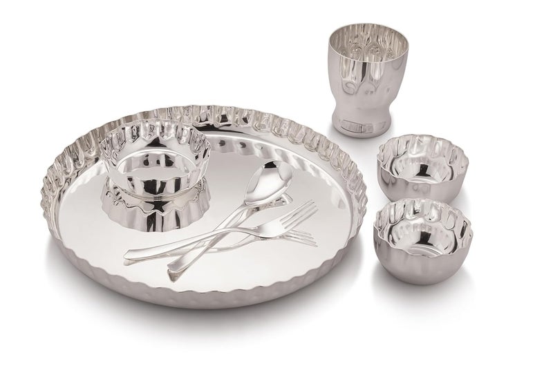 Silver Glow طقم عشاء عائلي من الفولاذ بلمسة فضية طقم صينية فضية لـ 4 أشخاص طقم أدوات مائدة هدية زفاف ديوالي فضي وفولاذي طقم عشاء فضي نقي طقم عشاء أصلي - Image 3