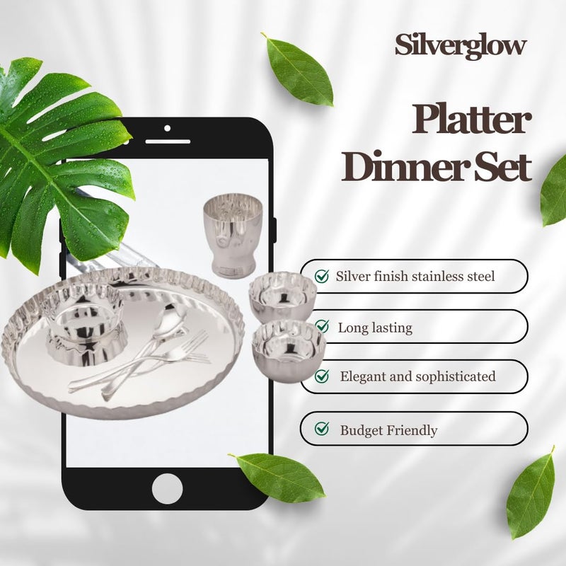 Silver Glow طقم عشاء عائلي من الفولاذ بلمسة فضية طقم صينية فضية لـ 4 أشخاص طقم أدوات مائدة هدية زفاف ديوالي فضي وفولاذي طقم عشاء فضي نقي طقم عشاء أصلي - Image 2