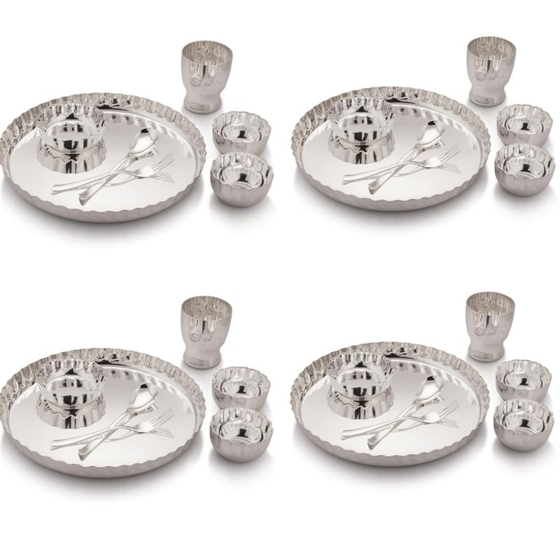 Silver Glow طقم عشاء عائلي من الفولاذ بلمسة فضية طقم صينية فضية لـ 4 أشخاص طقم أدوات مائدة هدية زفاف ديوالي فضي وفولاذي طقم عشاء فضي نقي طقم عشاء أصلي - Image 5