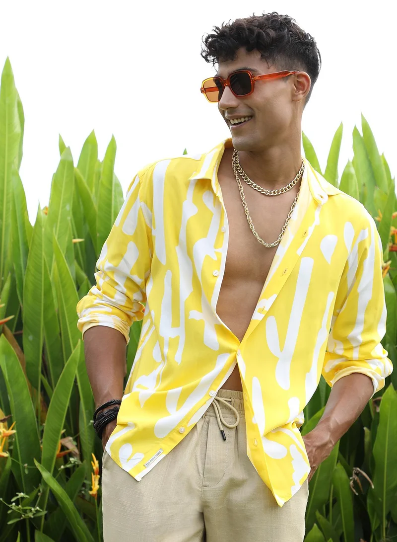 Campus Sutra Campus Sutra Men's Lemon Yellow Abstract Print Shirt For Everyday Wear | Spread Collar |  Button Closure | Long Sleeve | Heavy Rayon Shirt Crafted With Comfort Fit For Everyday Wear
