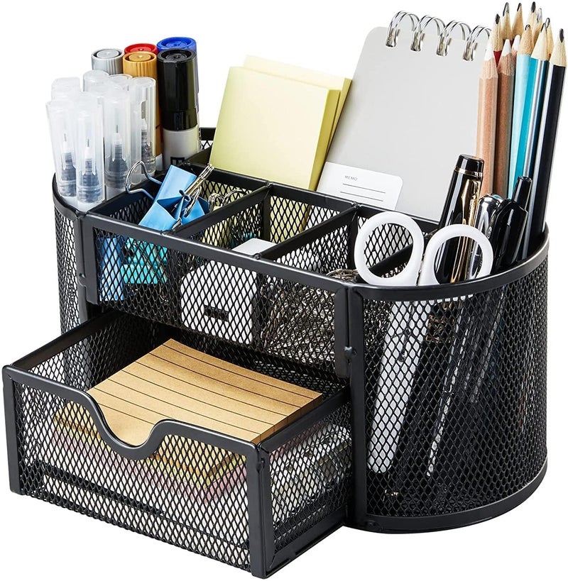 LEAFZY Metal Mesh Desk Organizer Pen Holder | Wire Frame Storage Stand for Office, Study & Makeup | Compact Stationery Organizer for Pens, Pencils & Accessories | Home & Desk Décor (9 Compartment) - Image 1