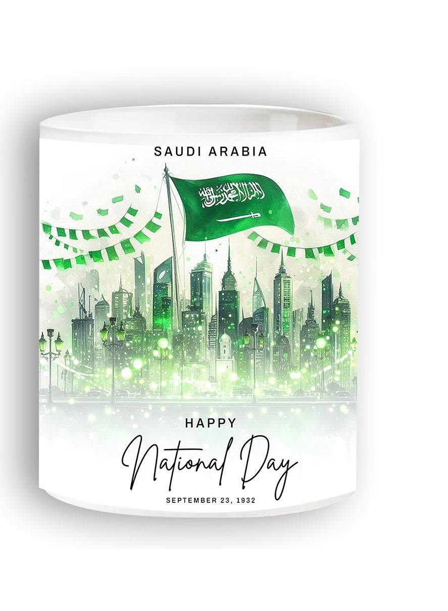 اليوم الوطني ، مج من السيراميك بطبعة تصميم لليوم الوطني السعودي بلون أبيض