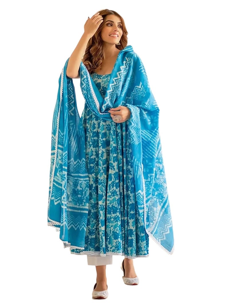 Tee Projekt Women's Cotton Blend Floral Printed Anarkali Kurta Pant with Dupatta Set ll Round Neck ll Blue Kurta Set - Image 1