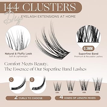 LASHVIEW Lash Clusters 144 Pcs Cluster Lashes DIY Cluster Eyelash Extensions Mega Volume Reusable Individual Lashes Cluster Volume Look Super Thin Band SoftD10Dmix - Image 2