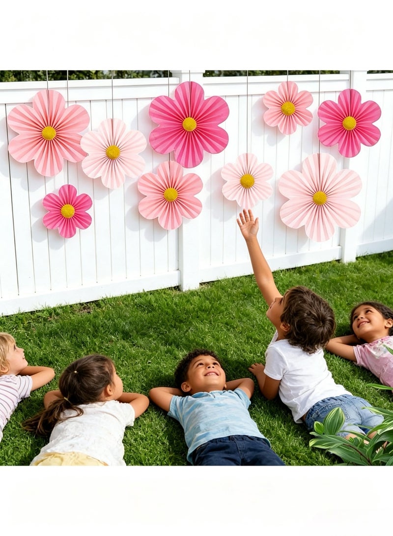 زينات مروحة زهرة ورقية وردية مكونة من 9 قطع، ثلاثة أحجام 8/10/14 بوصة لون وردي فاتح وغامق، زينة حفلات ميلاد البنات واستقبال الأطفال ورمضان وعيد الحب لتزيين المنازل - Image 5