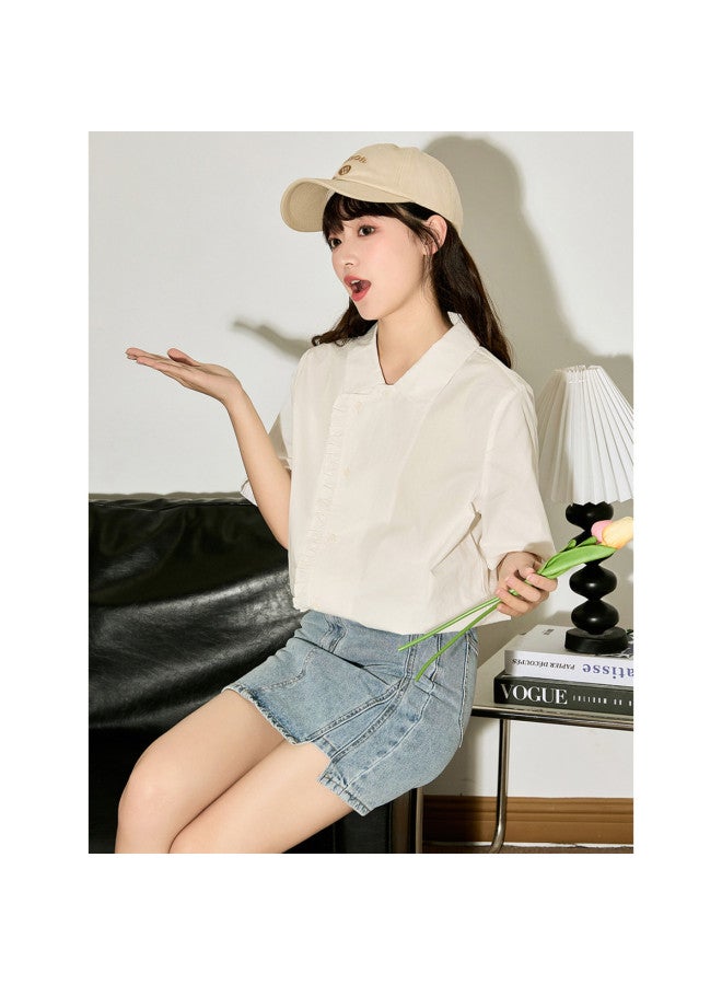 TonLion Summer Women's Solid Color Asymmetrical Button-up Short Sleeve Blouse - Stylish & Versatile Korean-inspired Design - Image 5