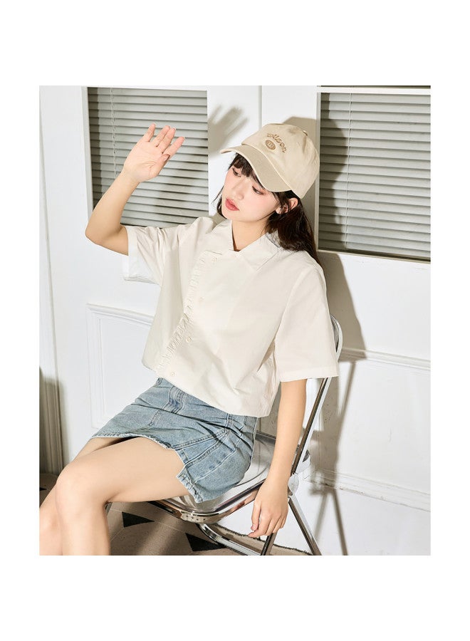 TonLion Summer Women's Solid Color Asymmetrical Button-up Short Sleeve Blouse - Stylish & Versatile Korean-inspired Design - Image 2