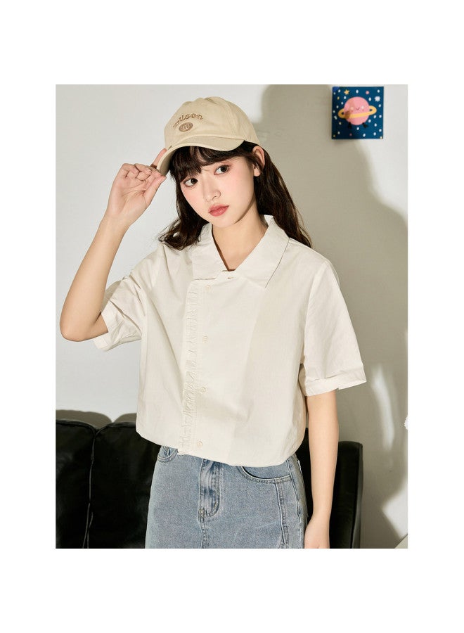 TonLion Summer Women's Solid Color Asymmetrical Button-up Short Sleeve Blouse - Stylish & Versatile Korean-inspired Design - Image 4