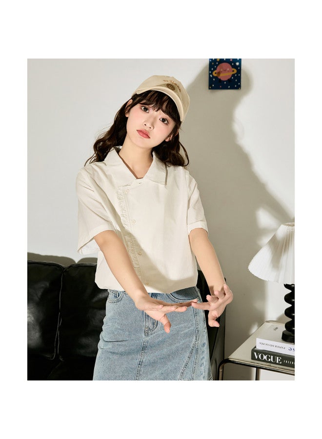 TonLion Summer Women's Solid Color Asymmetrical Button-up Short Sleeve Blouse - Stylish & Versatile Korean-inspired Design - Image 3