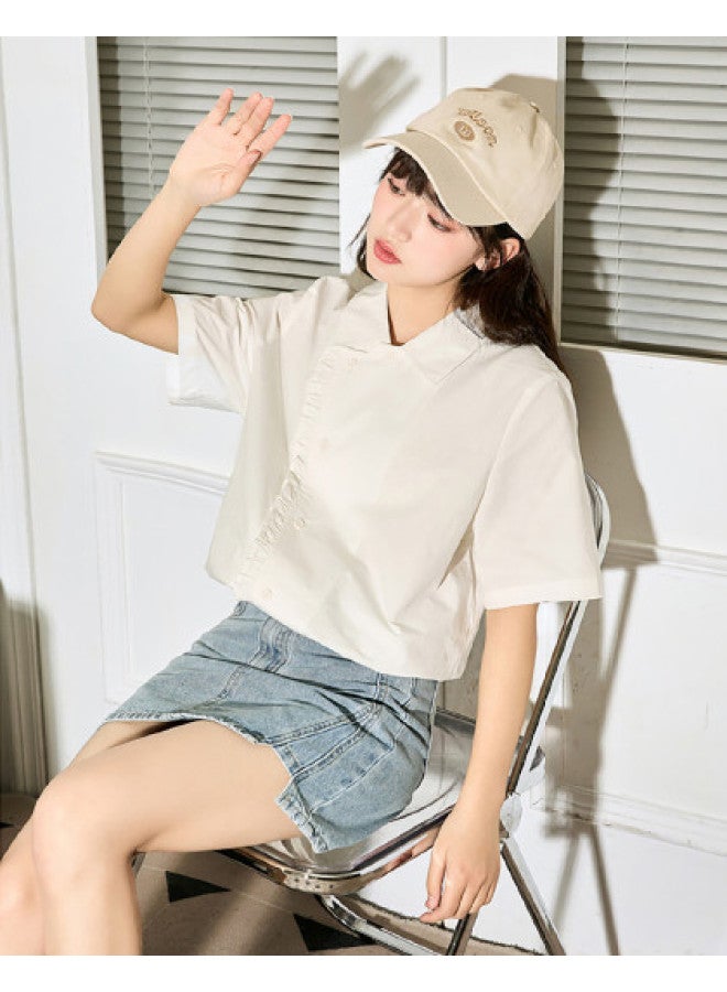 TonLion Summer Women's Solid Color Asymmetrical Button-up Short Sleeve Blouse - Stylish & Versatile Korean-inspired Design - Image 1