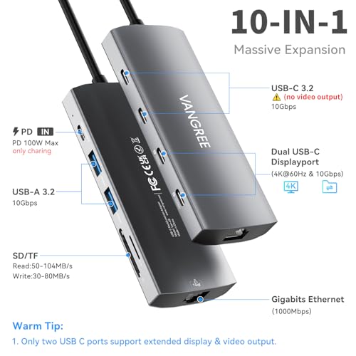 VANGREE USB C Hub with Dual 4K@60Hz Displayports, 2 USB-A & 2 USBC 3.2 10Gbps Ports, 1Gbps Ethernet, 100W PD, SD/TF, USB C Splitter Docking Station for MacBook Pro/Air, iMac, iPad Pro, XPS, Thinkpad, Surface - Image 2