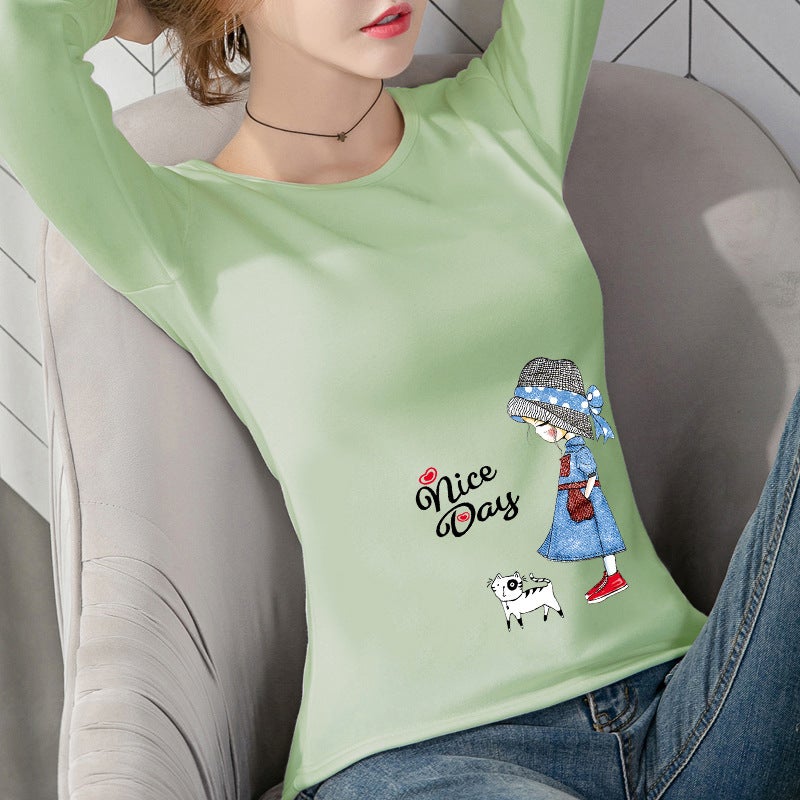 Women'S 2023 Korean New Long-Sleeved T-Shirt Women'S Round Neck Printed Long-Sleeved Top Trendy Base Shirt For Female Students - Image 1
