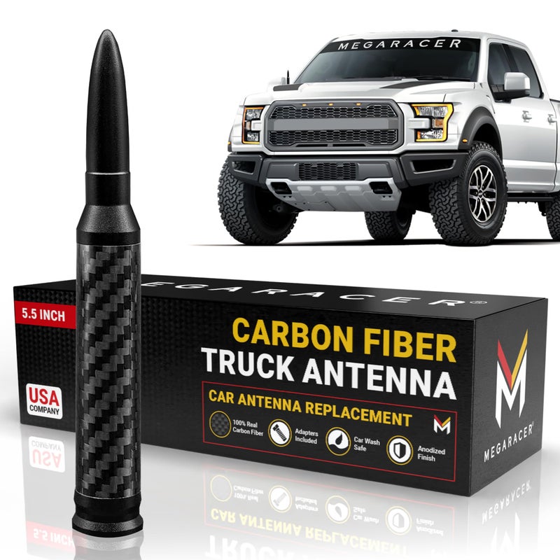 Mega Racer Anodized Carbon Fiber 50 Cal Bullet Antenna for Truck - Fits Ford F150 F250 Bronco RAM 1500 Chevy Silverado GMC Sierra Tundra Tacoma - UV & Chip Resistant, Car Wash Safe, Short Replacement, Black - Image 1