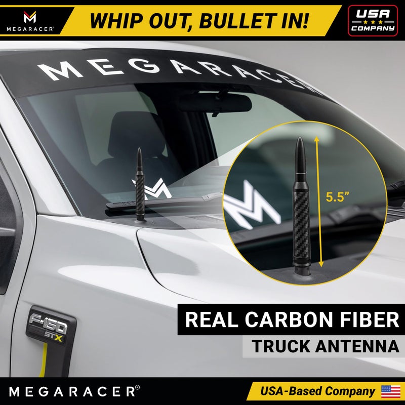 Mega Racer Anodized Carbon Fiber 50 Cal Bullet Antenna for Truck - Fits Ford F150 F250 Bronco RAM 1500 Chevy Silverado GMC Sierra Tundra Tacoma - UV & Chip Resistant, Car Wash Safe, Short Replacement, Black - Image 2