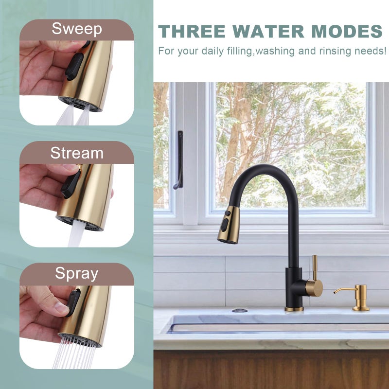 WOWOW Black and Gold Kitchen Faucet with Soap Dispenser, WOWOW Stainless Steel Kitchen Sink Faucet Single Handle High Arc Utility Sink Faucet for Sink, RV, Laundry, Bar - Image 2