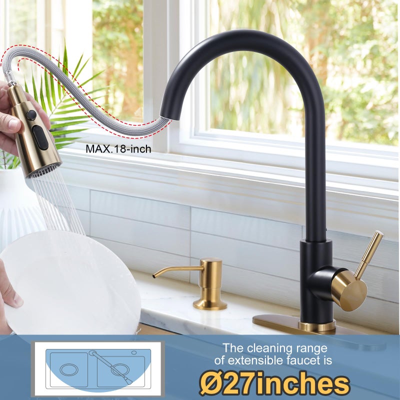 WOWOW Black and Gold Kitchen Faucet with Soap Dispenser, WOWOW Stainless Steel Kitchen Sink Faucet Single Handle High Arc Utility Sink Faucet for Sink, RV, Laundry, Bar - Image 3