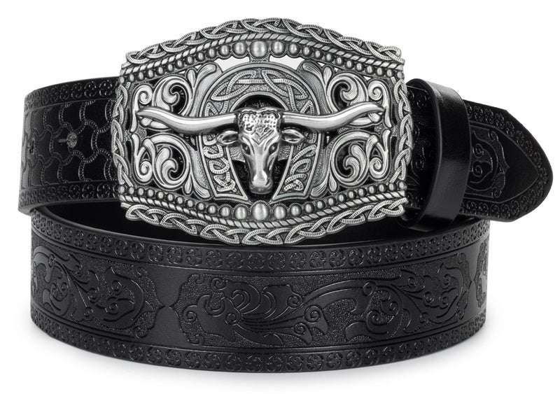 Vikodah Men Women-Western-Cowboy-Leather-Belts - Longhorn Bull Pattern Buckle Belt Floral Engraved Buckle Belt for Jeans - Image 4