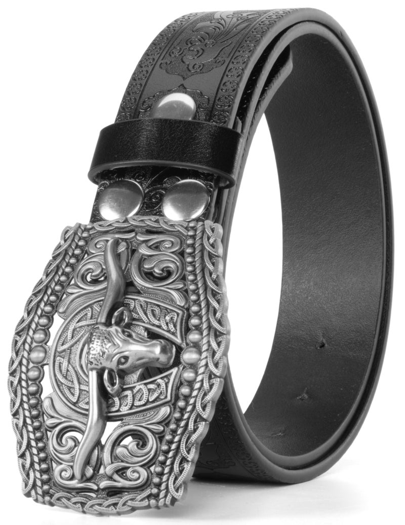 Vikodah Men Women-Western-Cowboy-Leather-Belts - Longhorn Bull Pattern Buckle Belt Floral Engraved Buckle Belt for Jeans - Image 1