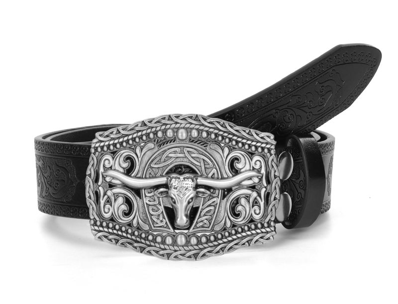 Vikodah Men Women-Western-Cowboy-Leather-Belts - Longhorn Bull Pattern Buckle Belt Floral Engraved Buckle Belt for Jeans - Image 2