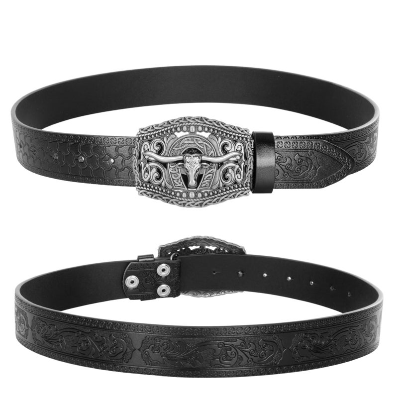Vikodah Men Women-Western-Cowboy-Leather-Belts - Longhorn Bull Pattern Buckle Belt Floral Engraved Buckle Belt for Jeans - Image 3