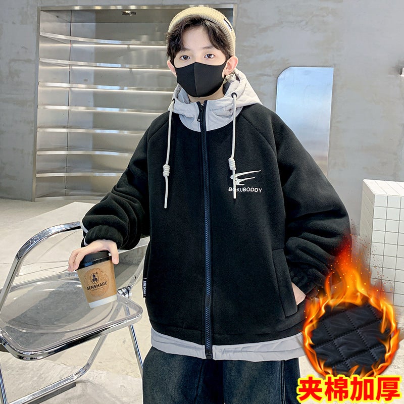 Boys' Fleece-Lined Denim Jacket, Model, Children'S Winter Warm Cotton-Padded Thickened Jacket For Older Kids - Image 1